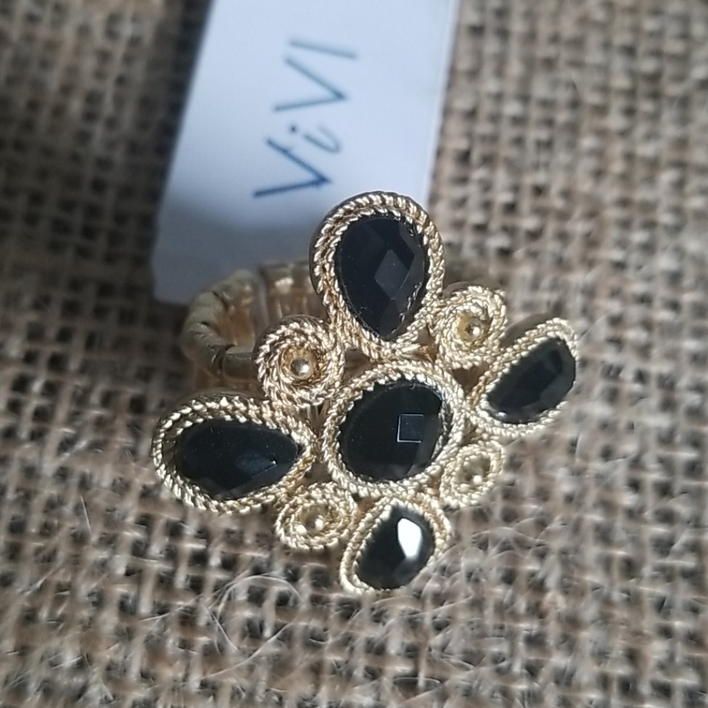 Vivi gold and black crystal stretch ring